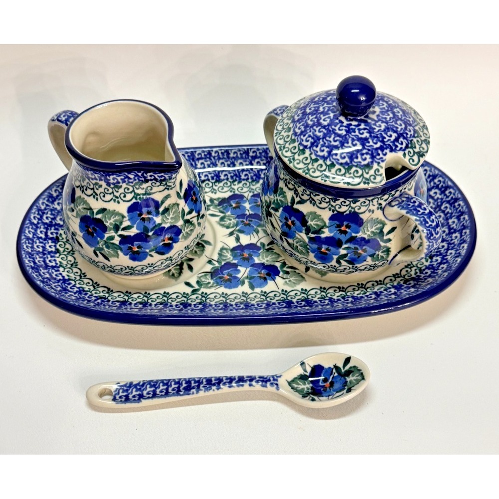 Polish Pottery Ceramika Artystyczna Blue Pansies Sugar bowl Creamer tray
